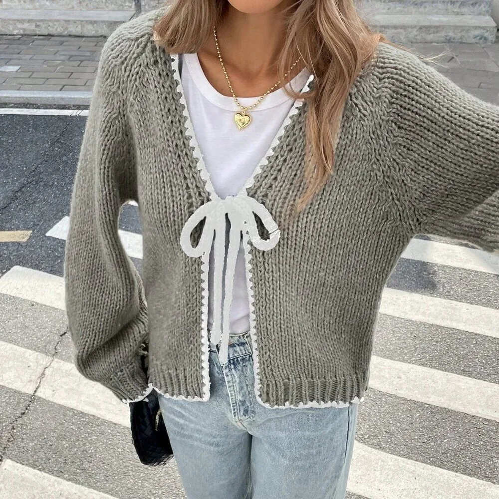 Grey Casual Women's Contrast Color Trim Knot V-Neck Long Sleeve Cardigan